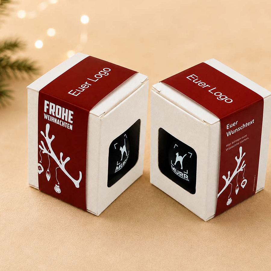Premium Weihnachtskugeln in Box und Banderole mit Logo aus Glas