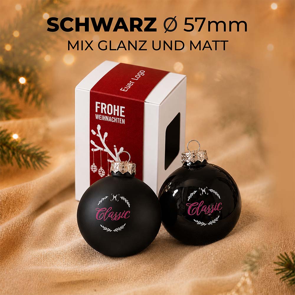 Classic Weihnachtskugeln in Box und Banderole mit Logo aus recyceltem Glas - schwarz Matt Glanz 57 mm Box